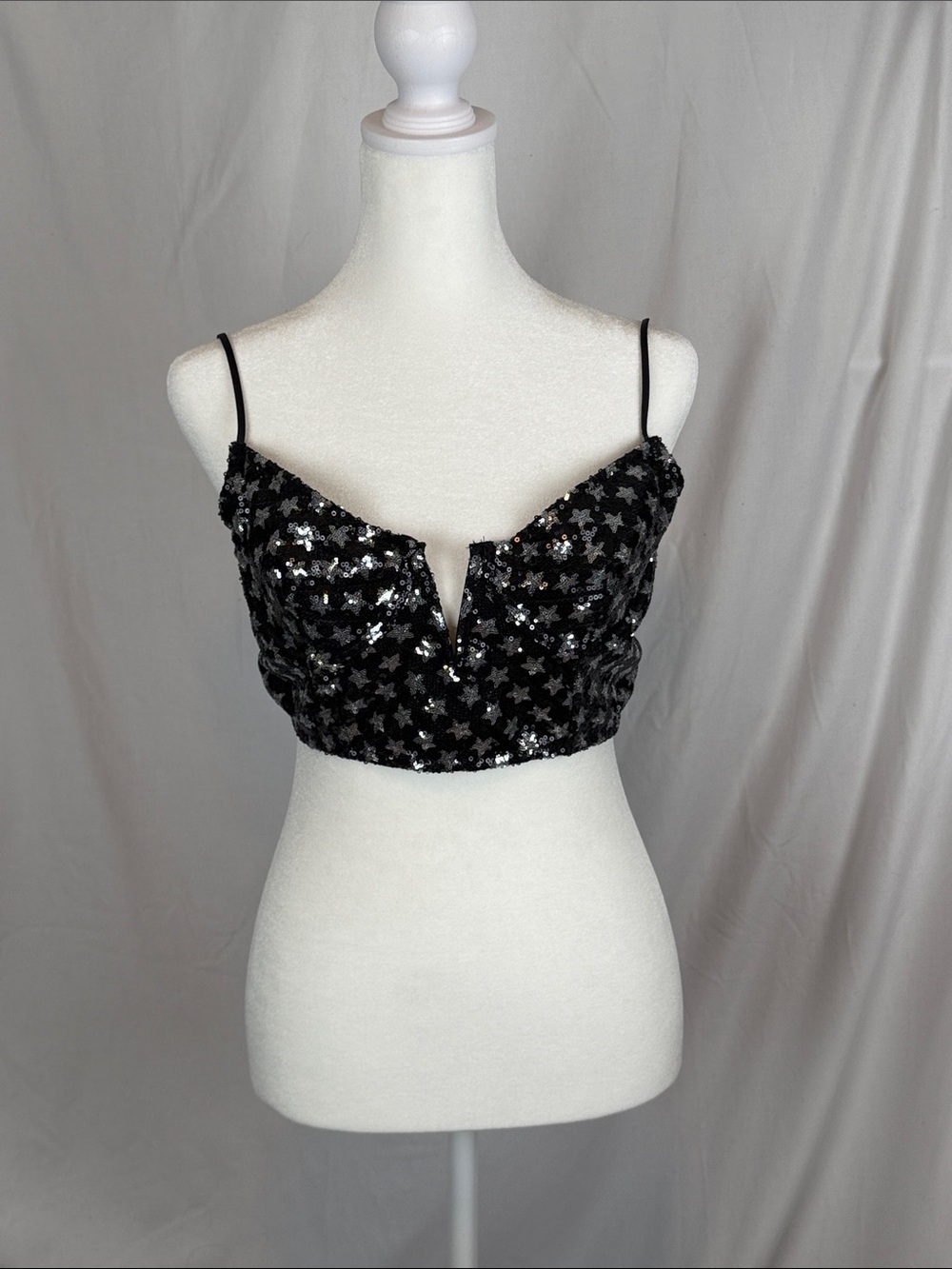 Women's Anthropologie Black Sequin Star Spaghetti Strap Bralette Size Medium
